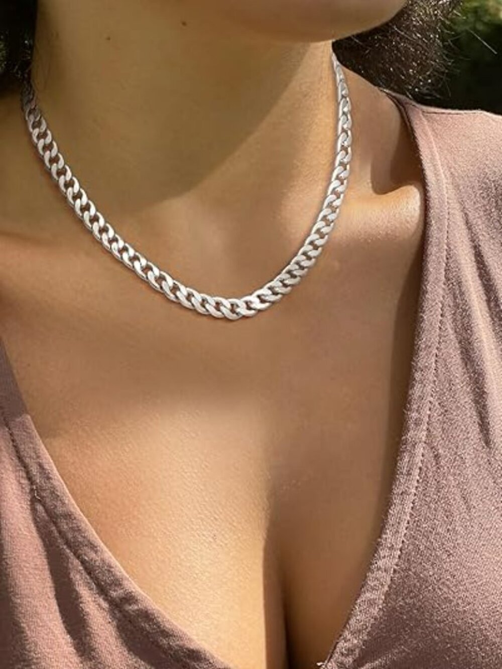 Chunky 14K Silver Plated Chain Necklace Cuban Paperclip Choker Toggle Clasp